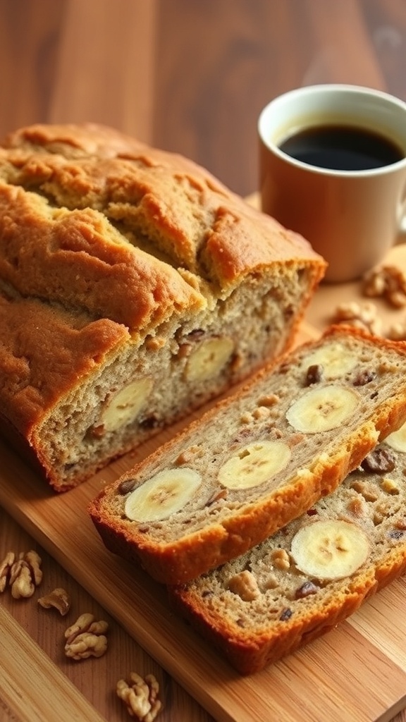 Sliced banana bread on a cutting board with walnuts and a cup of coffee.